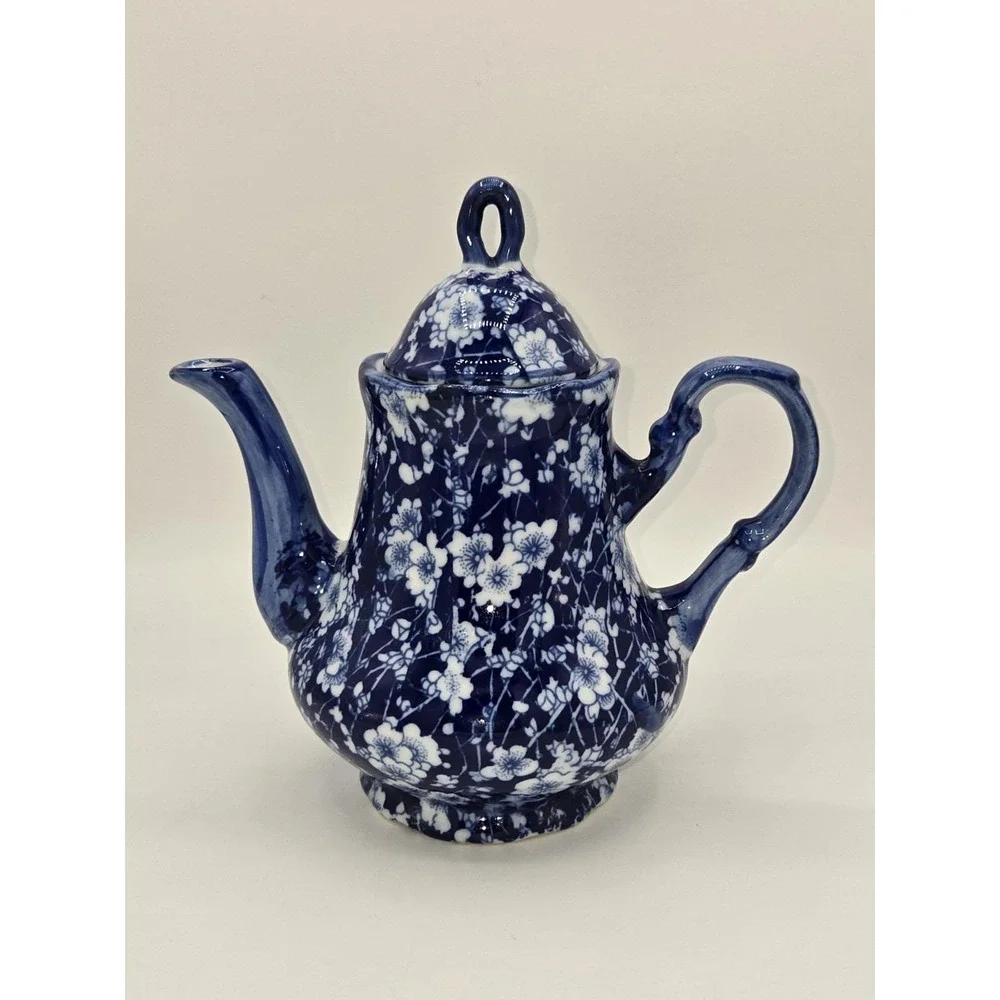 Antique Blue and White Chintz Floral Ceramic Teapot‎ with Lid Calico Style